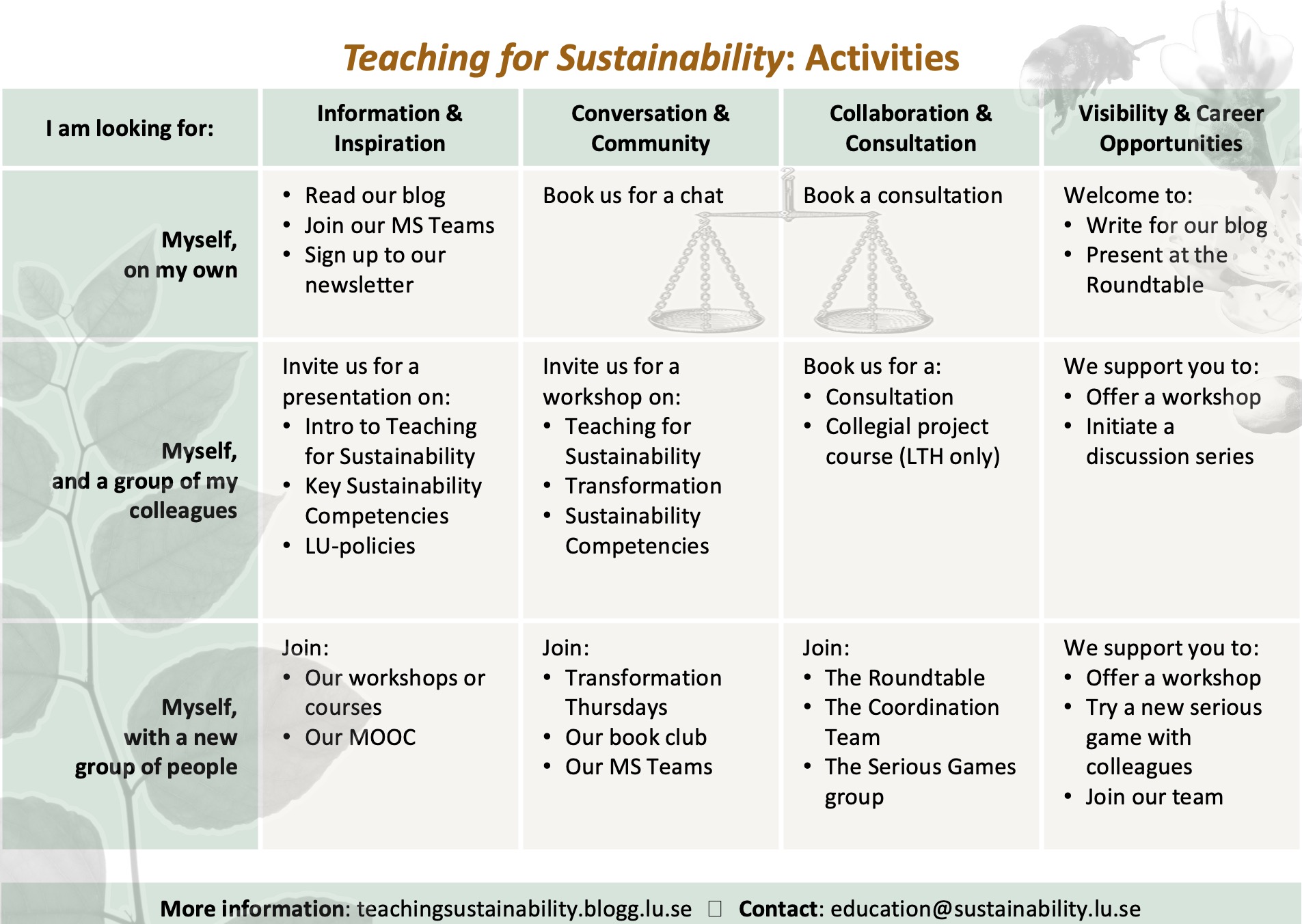 Illustration with table with five columns and three rows summarising activities that the Initiative offers for individuals and groups.
